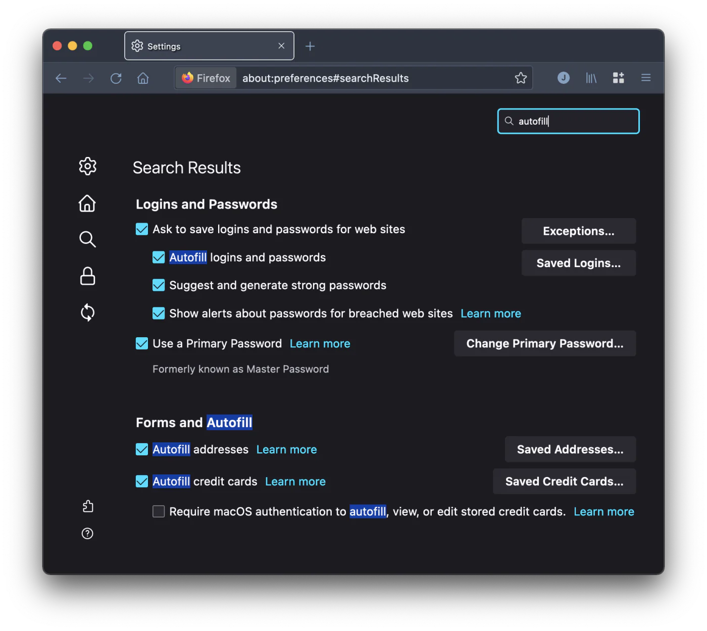 Firefox forms and autofill settings after enabling autofill