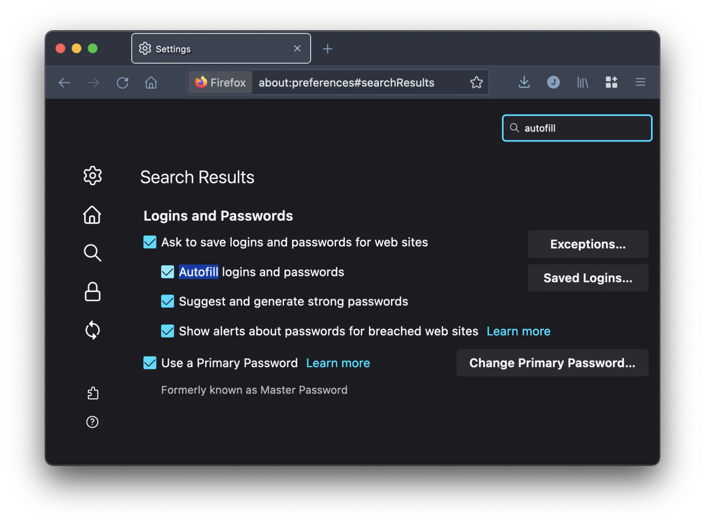 Firefox settings search results without autofill options