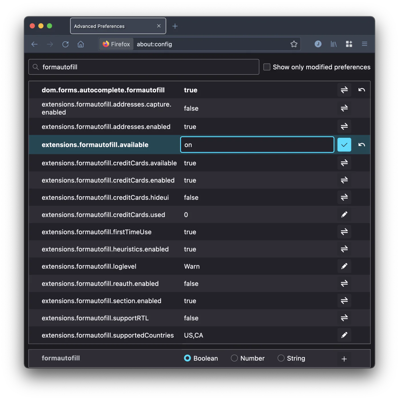Firefox about:config form autofill preferences