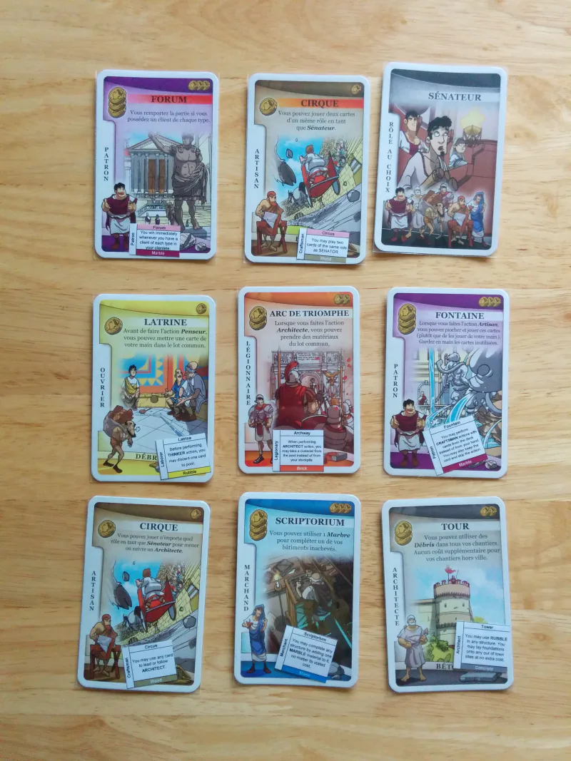 Sleeved Glory to Rome cards with translation inserts