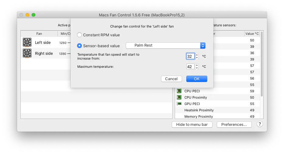 Macs Fan Control temperature and fan speed interface