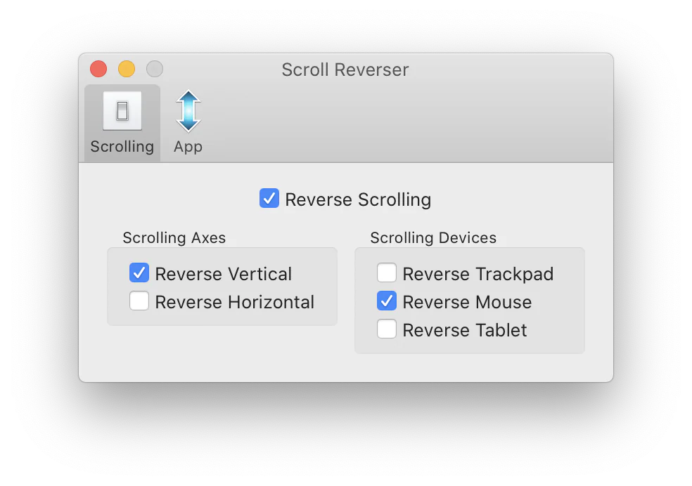 Scroll Reverser app settings